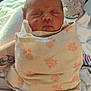 Isla joined the competition — help win amazing prizes! newborn, baby, swaddled, sleeping, blanket, pillow, floral_pattern, zebra_pattern, tattooed_arm, parent, indoors, bed, face, closed_eyes, rosy_cheeks, skin, clothing, cozy, portrait, hospital_blanket