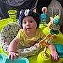 baby, blue, child, clothing, curious, cute, face, green, hand, hat, indoor, infant, person, play_center, plush, seated, smiling, toy, yellow, young