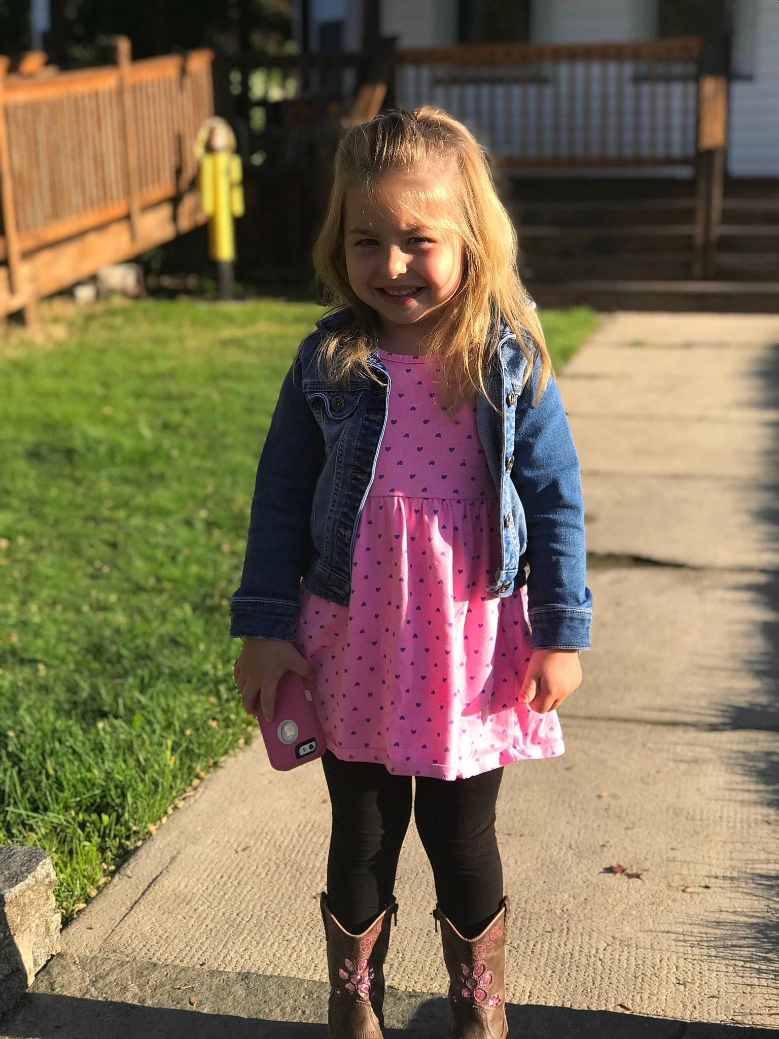 Mackenzie joined the competition — help win amazing prizes! child, child_model, clothing, dress, eye, fashion, footwear, grass, jacket, outerwear, person, photograph, photography, pink, purple, shoe, smile, snapshot, tights, toddler