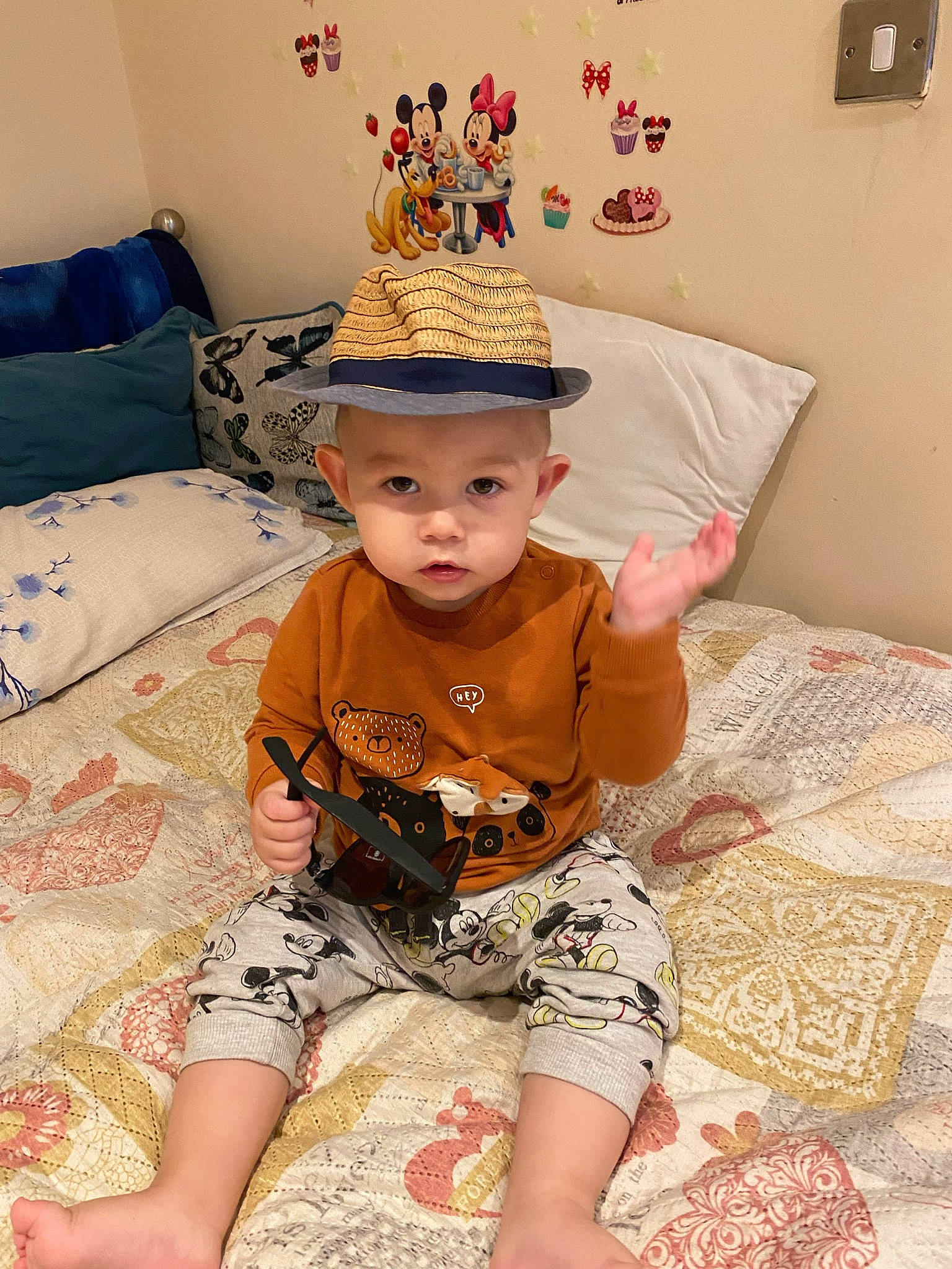 Damian joined the competition — help win amazing prizes! baby, baby_toddler_clothing, cap, child, comfort, floor, flooring, happy, hat, head, headwear, orange, pattern, person, pink, room, shorts, sleeve, t_shirt, textile