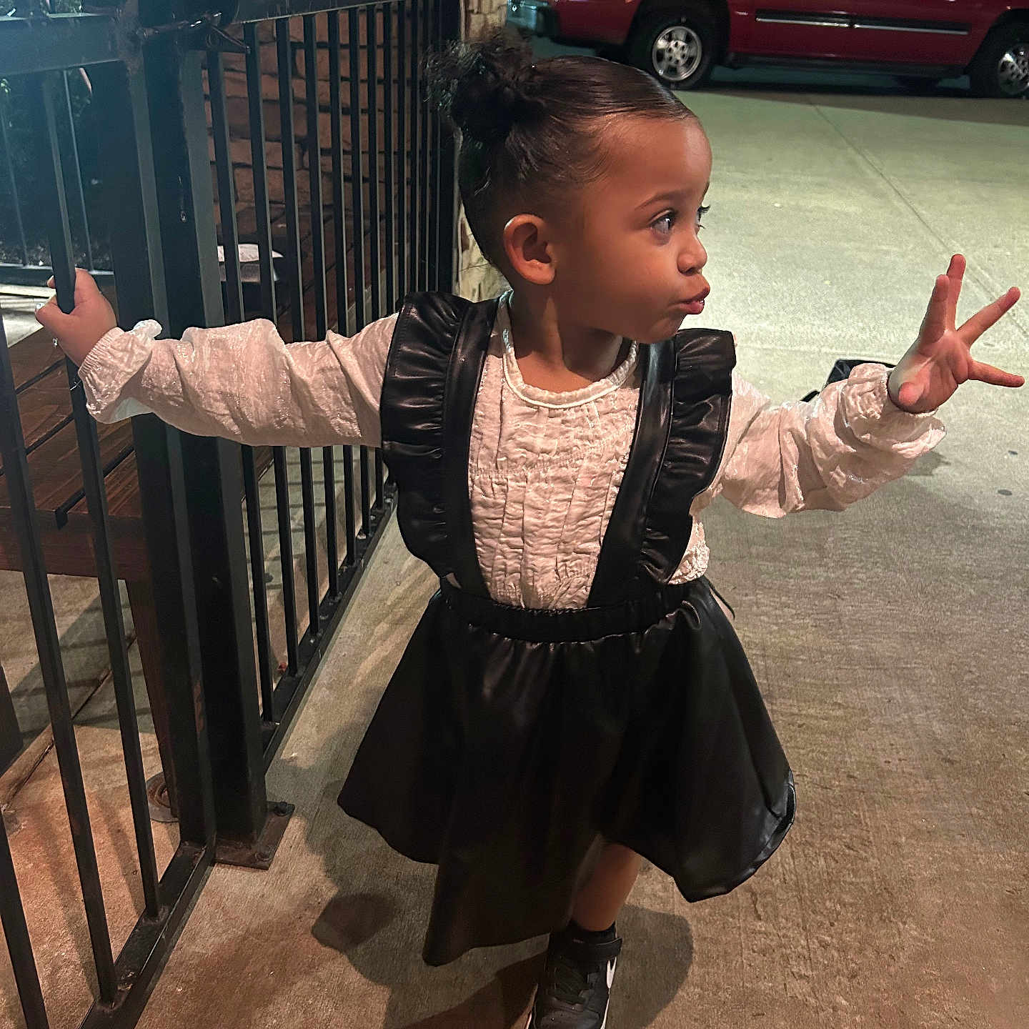 Shiza joined the competition — help win amazing prizes! black_skirt, car, casual, child, concrete, expression, fashion, gate, girl, hairstyle, night, outdoor, playful, pose, side_view, sneakers, street, urban, vehicle, white_blouse