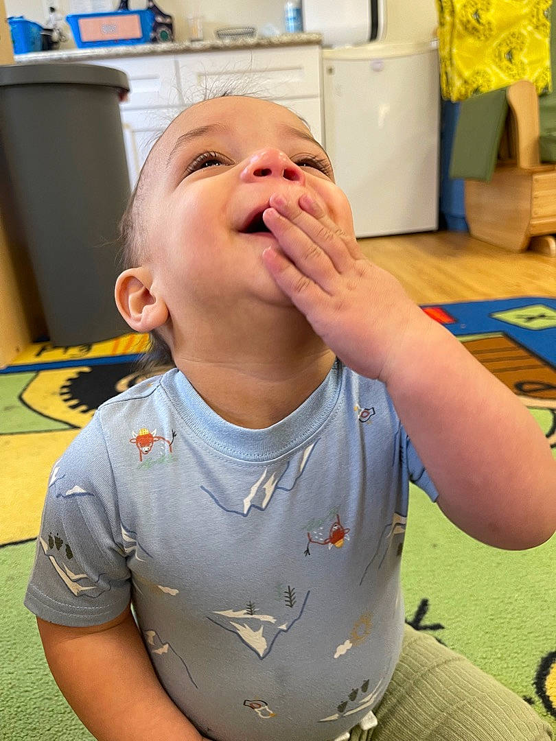 Tristyn joined the competition — help win amazing prizes! baby, baby_toddler_clothing, blue, cheek, chest, child, finger, fun, gesture, happy, jaw, mouth, nail, neck, nose, person, sleeve, t_shirt, thumb, toddler