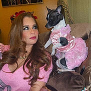 Bella Rose joined the competition — help win amazing prizes! woman, dog, small_dog, pink_dress, pet_clothing, couch, portrait, indoors, sitting, fashion, makeup, long_hair, floral_headband, pink, brown_couch, decor, wall_art, curtain, tiktok_watermark, pet_owner