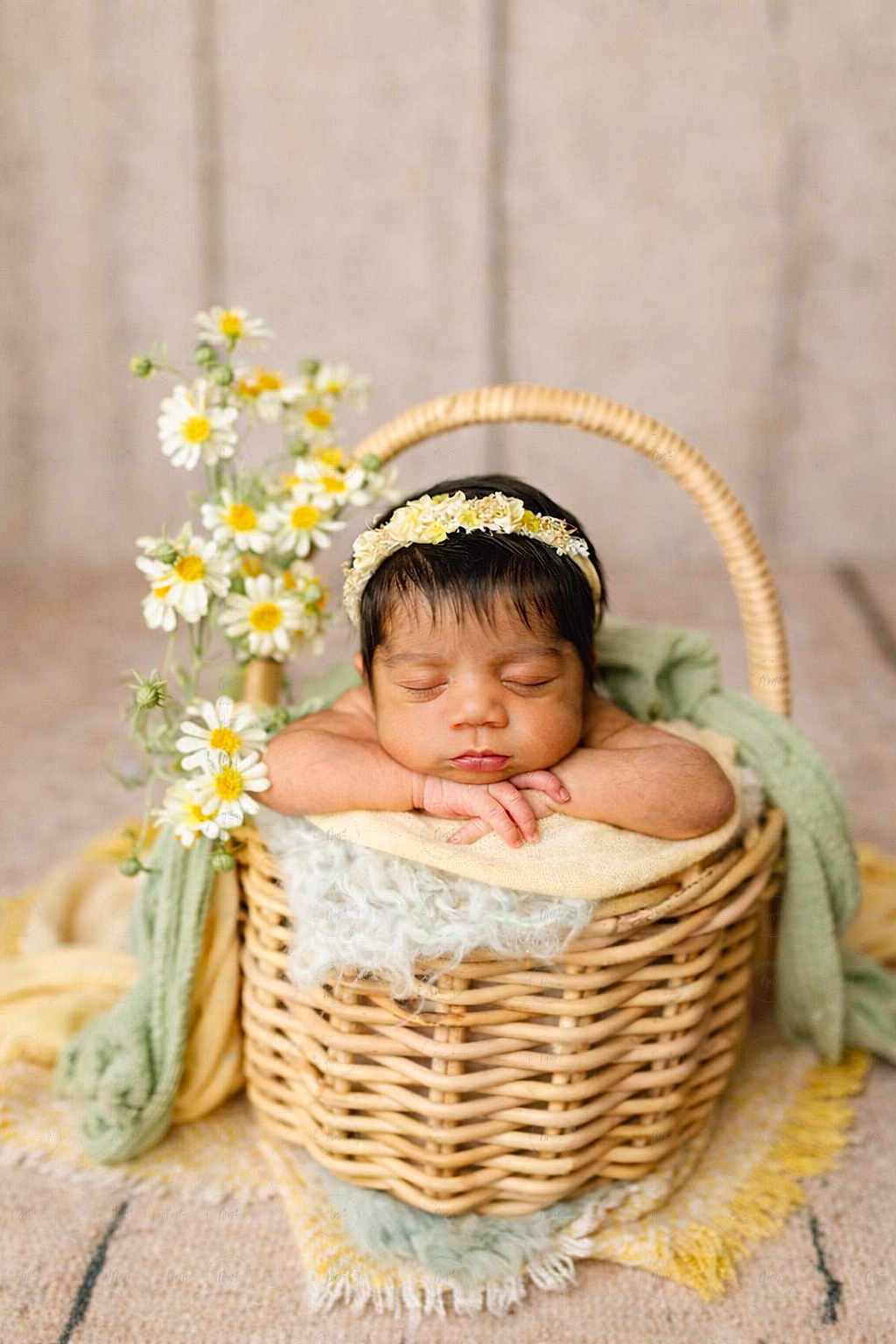 Dhr joined the competition — help win amazing prizes! newborn, baby, basket, flower_headband, sleeping, daisies, blanket, soft_texture, peaceful, portrait, infant, cute, resting, close_up, adorable, baby_boy, indoor, decor, woven, cozy