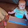 Noah is registered to the contest to win money with this photo: baby, infant, laptop, technology, couch, pillow, blanket, indoor, child, toddler, face, clothing, sitting, home, furniture, computer, cute, young, light, screen