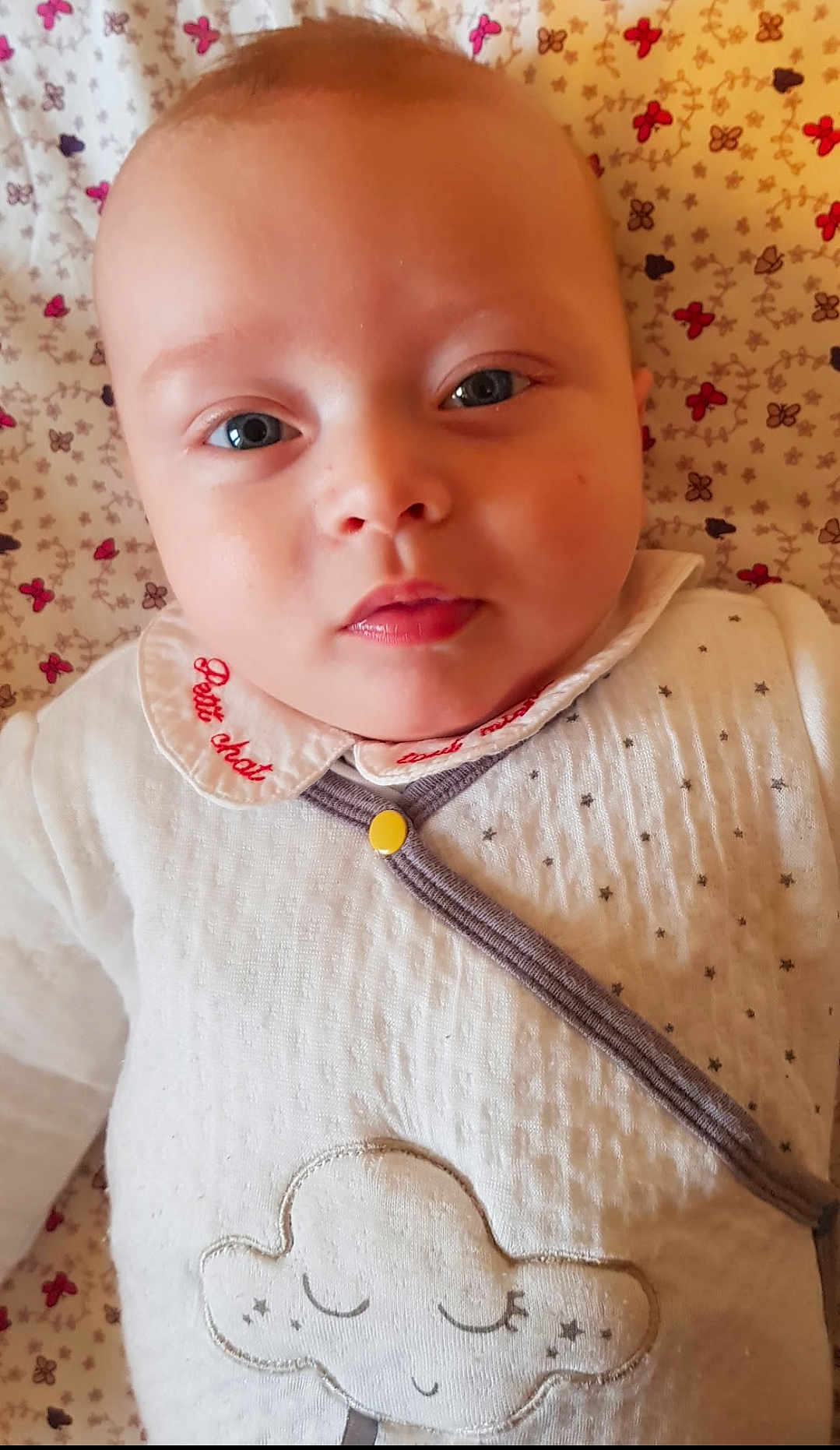 Dean participe au concours pour gagner de l'argent avec cette photo : baby, infant, face, eyes, lips, onesie, collar, button, blanket, floral_pattern, closeup, portrait, lying_down, newborn, cute, soft_texture, skin, gaze, bed, adorable