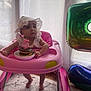 baby, child, walker, pink, donut, candle, birthday, balloon, curtain, window, plate, floor, carpet, indoor, foot, hat, celebration, person, cute, infant