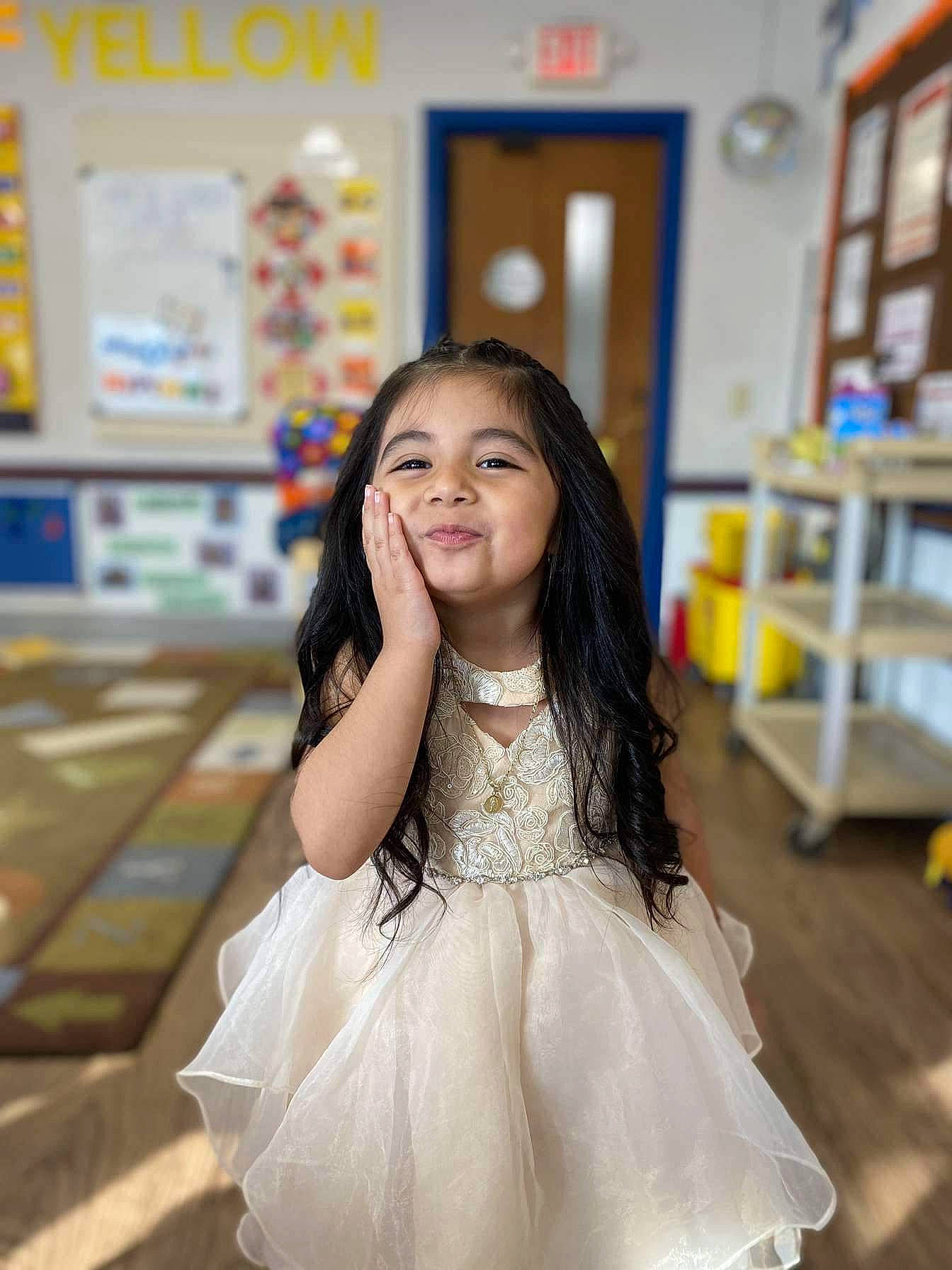 Melanie is registered to the contest to win money with this photo: bookcase, bridal_clothing, child, dress, event, fashion_design, floor, flooring, formal_wear, fun, gown, happy, joy, leisure, person, shelf, skin, smile, standing, textile