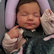 Kyleigh joined the competition — help win amazing prizes! baby, sleeping, car_seat, blanket, headrest, infant, child, clothing, straps, peaceful, indoors, cute, portrait, resting, small_hands, pink, soft, cozy, newborn, baby_face
