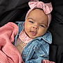 Alaiyah joined the competition — help win amazing prizes! baby, child, pink_bow, headband, denim_jacket, blanket, knit, stroller, portrait, cute, infant, clothing, face, skin, hand, young_child, warm, cozy, smile, outdoor