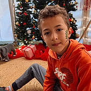 Rayan participe au concours pour gagner de l'argent avec cette photo : child, boy, face_paint, christmas_tree, christmas_tree_decorations, christmas_presents, holiday, festive, orange_hoodie, gray_pants, sitting, woven_rug, indoor, decorations, wrapped_presents, toy_elephant, holiday_lights, smiling, portrait, casual_clothing