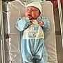 Adam participe au concours pour gagner de l'argent avec cette photo : newborn, baby, infant, hospital, bassinet, onesie, blue_clothing, hat, sleeping, face, hand, bear_design, blanket, crib, person, cute, indoors, medical_tag, resting, peaceful