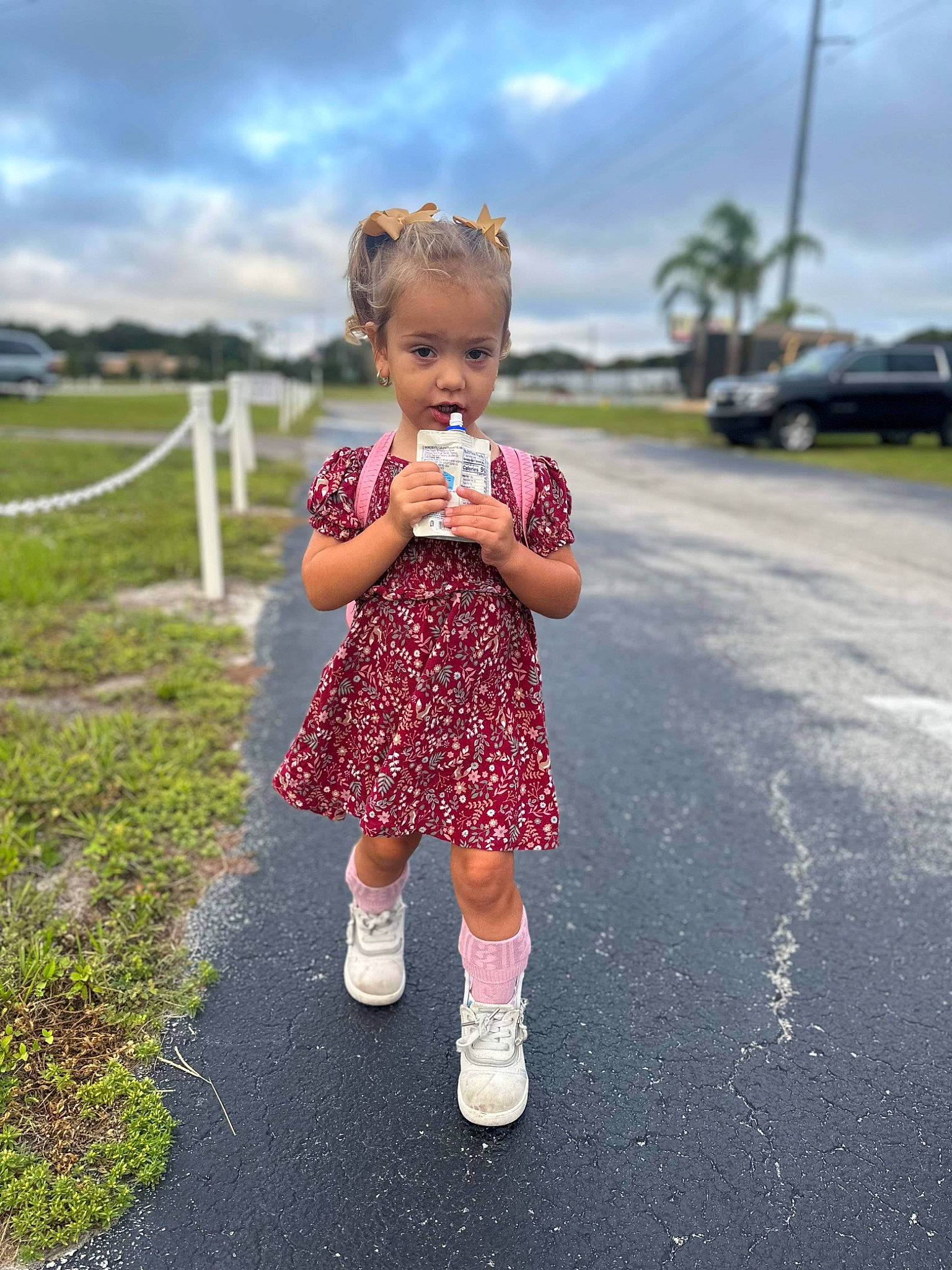 River joined the competition — help win amazing prizes! asphalt, child, cloud, dress, eye, fun, gesture, grass, hair, hand, happy, head, leisure, people_in_nature, person, plant, road, road_surface, sky, toddler