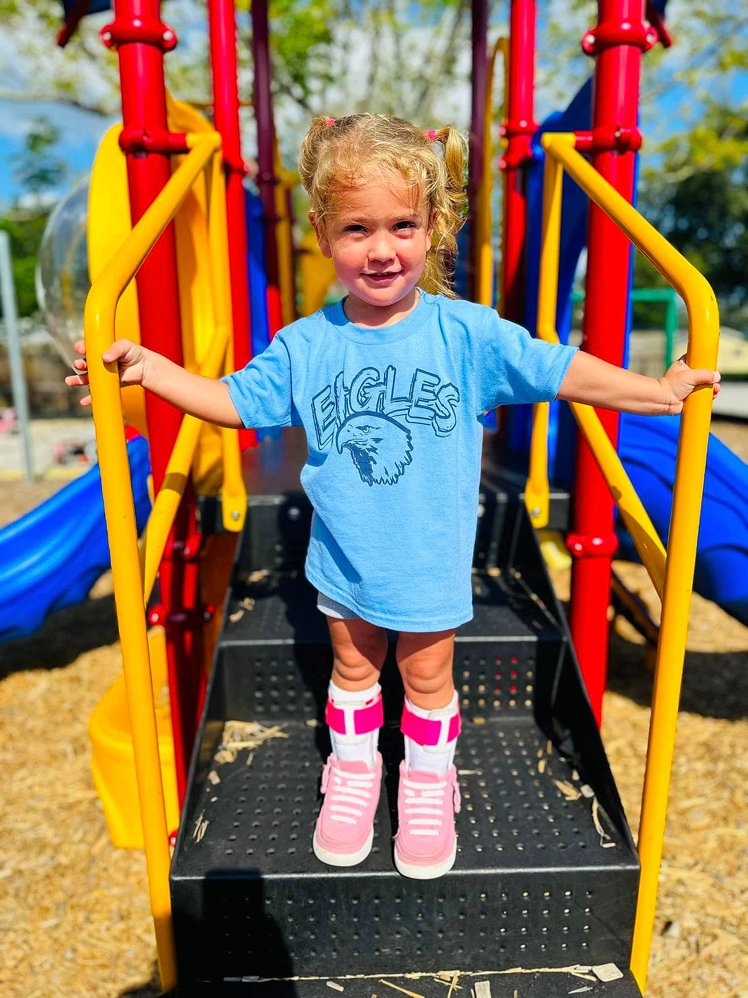 River joined the competition — help win amazing prizes! baby_toddler_clothing, blue, child, chute, city, electric_blue, fun, happy, joy, leisure, outdoor_play_equipment, outdoor_recreation, person, play, playground, recreation, shorts, smile, snapshot, summer