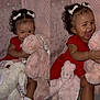 Jenesis joined the competition — help win amazing prizes! baby, child, toddler, smiling, laughing, red_dress, curly_hair, hair_bows, stuffed_animal, pink_bunny, white_bunny, plush_toy, indoor, blanket, heart_pattern, cute, happy, portrait, sitting, playful