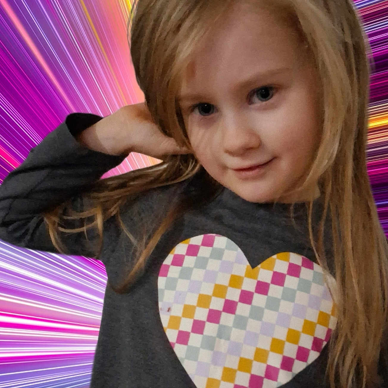 Paisley joined the competition — help win amazing prizes! child, girl, portrait, smiling, long_hair, blonde_hair, blue_eyes, face, person, posing, casual_clothing, shirt, heart, pixelated, rainbow, colorful, neon, speed_lines, digital_background, indoor