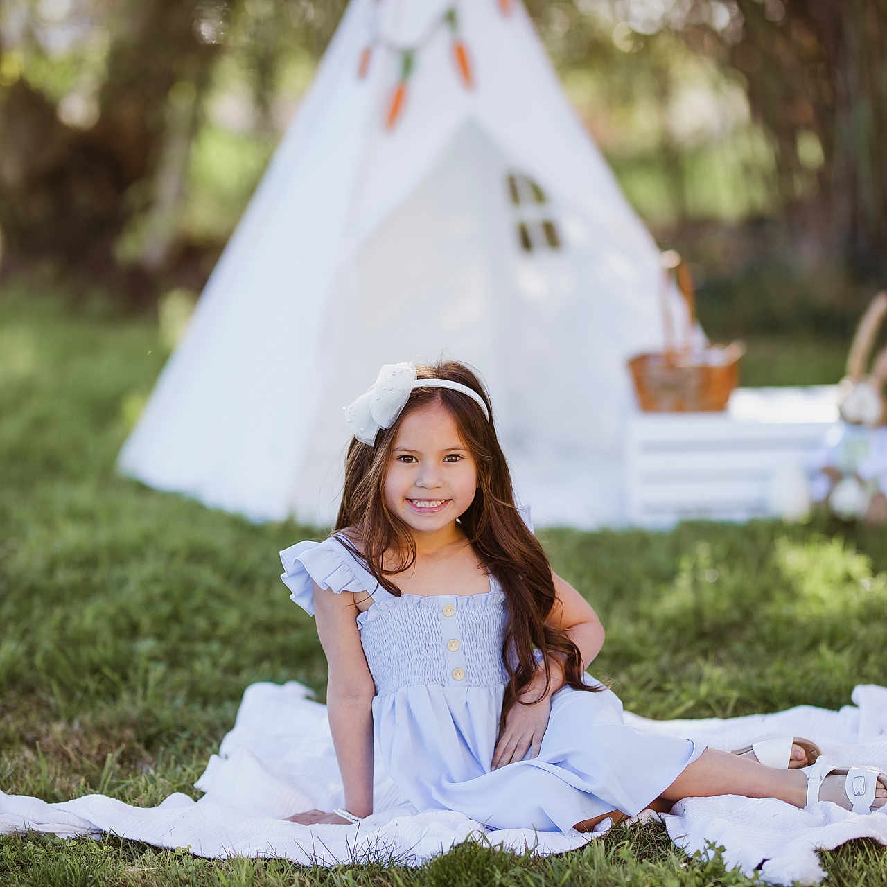 Hadley Franchesca is registered to the contest to win money with this photo: camping, child, clothing, dress, face, fashion, female, formalwear, girl, grass, happy, head, lawn, outdoors, person, photography, plant, sitting, smile, tent