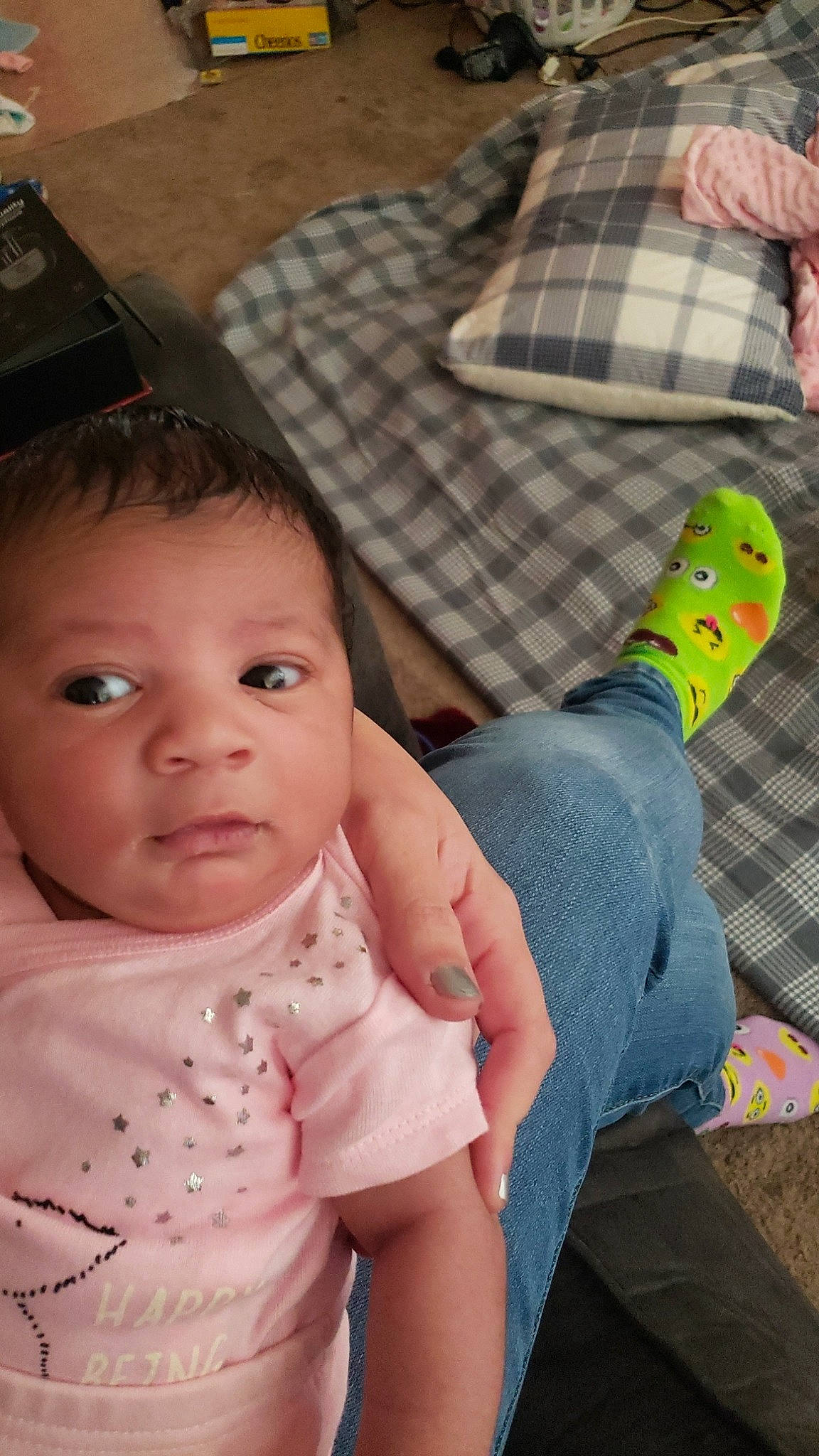 Allie joined the competition — help win amazing prizes! baby, baby_toddler_clothing, cheek, comfort, cool, finger, gesture, hand, happy, joint, neck, organ, person, plaid, product, sleeve, snapshot, tartan, thumb, toddler