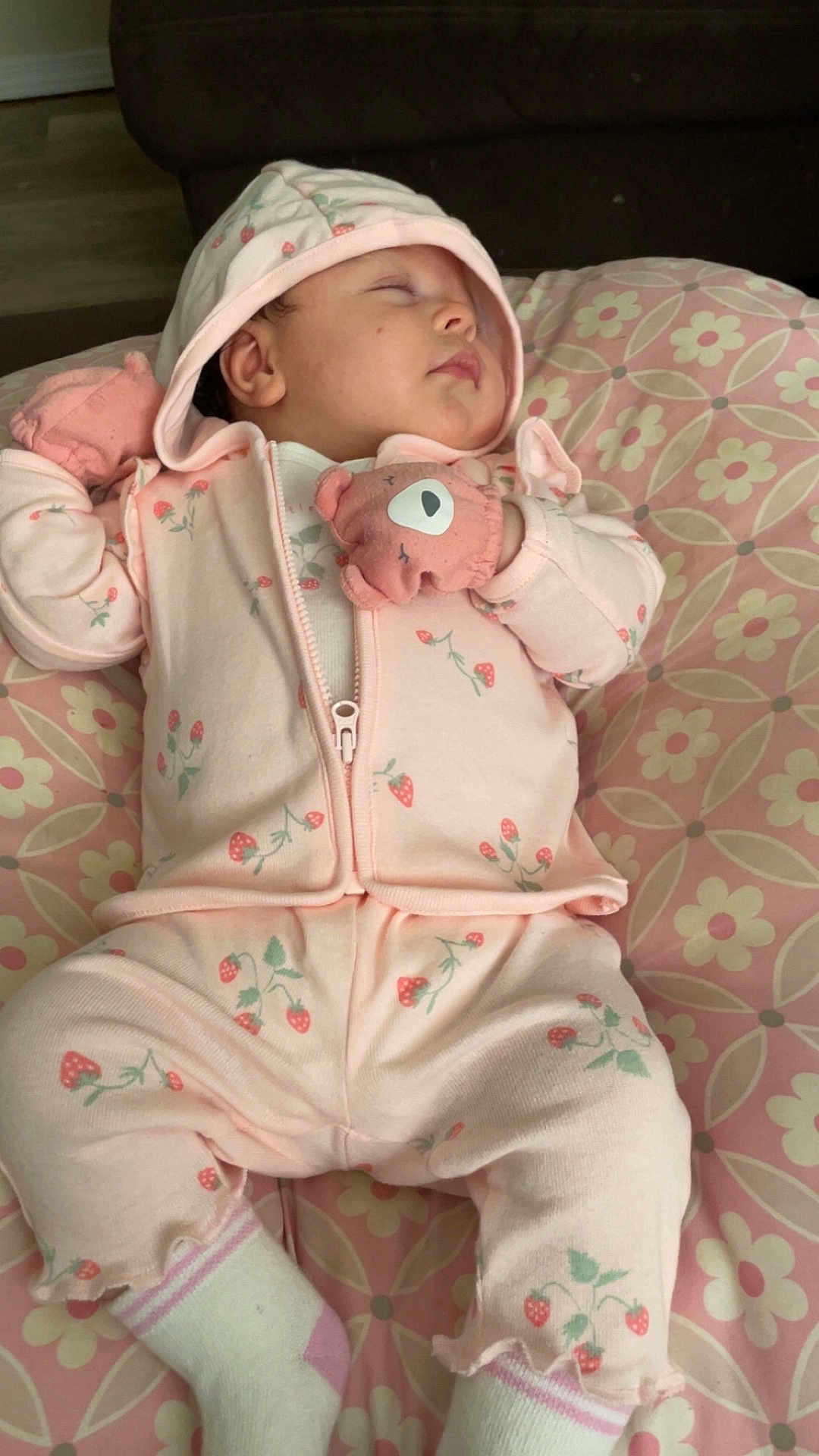 Hazel joined the competition — help win amazing prizes! baby, sleeping, pink, hoodie, mittens, cushion, floral_pattern, strawberry_pattern, socks, infant, cute, resting, indoors, soft_fabric, child, portrait, cozy, comfort, peaceful, toddler