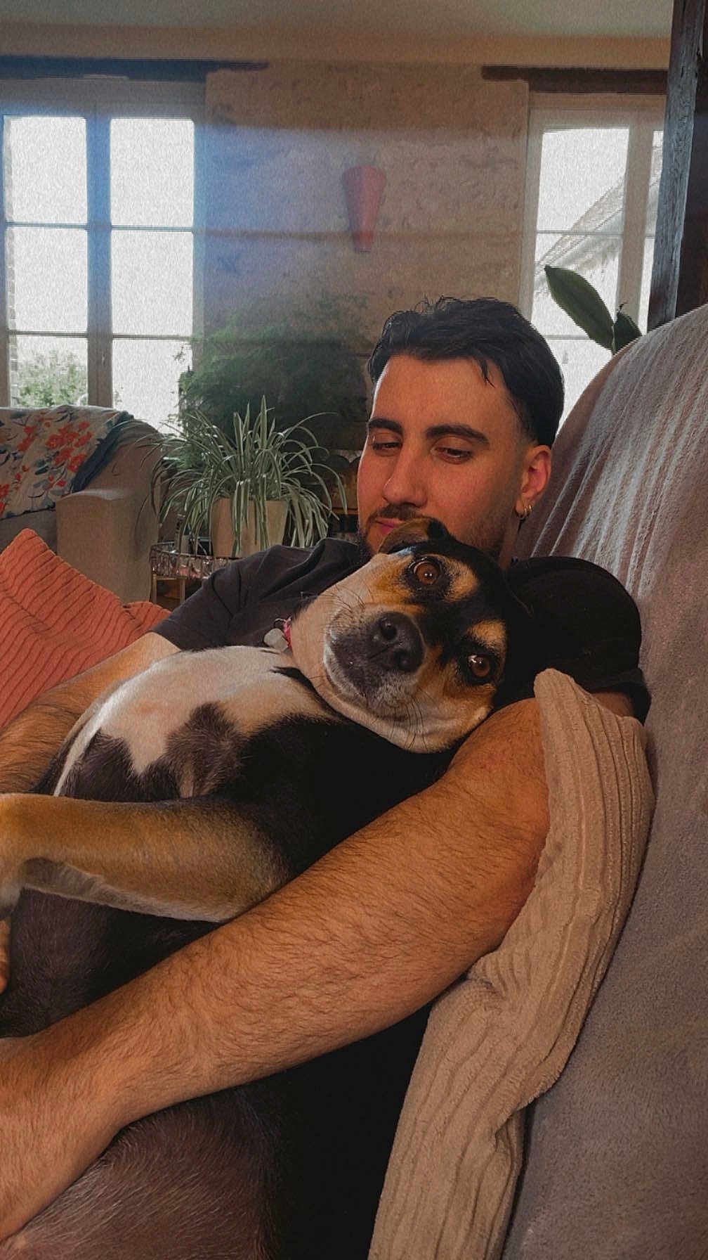 Nala participe au concours pour gagner de l'argent avec cette photo : man, dog, couch, indoor, plant, window, arm, pillow, relaxing, pet, furniture, casual, home, comfort, black_hair, short_hair, brown_fur, white_fur, looking_at_camera, seated