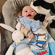 Ewen participe au concours pour gagner de l'argent avec cette photo : baby, infant, plush_toy, stuffed_animal, bunny, blanket, blue, babar, pacifier, baby_seat, cushion, child, indoor, soft_toy, panda, toy, clothing, cute, expression, curious