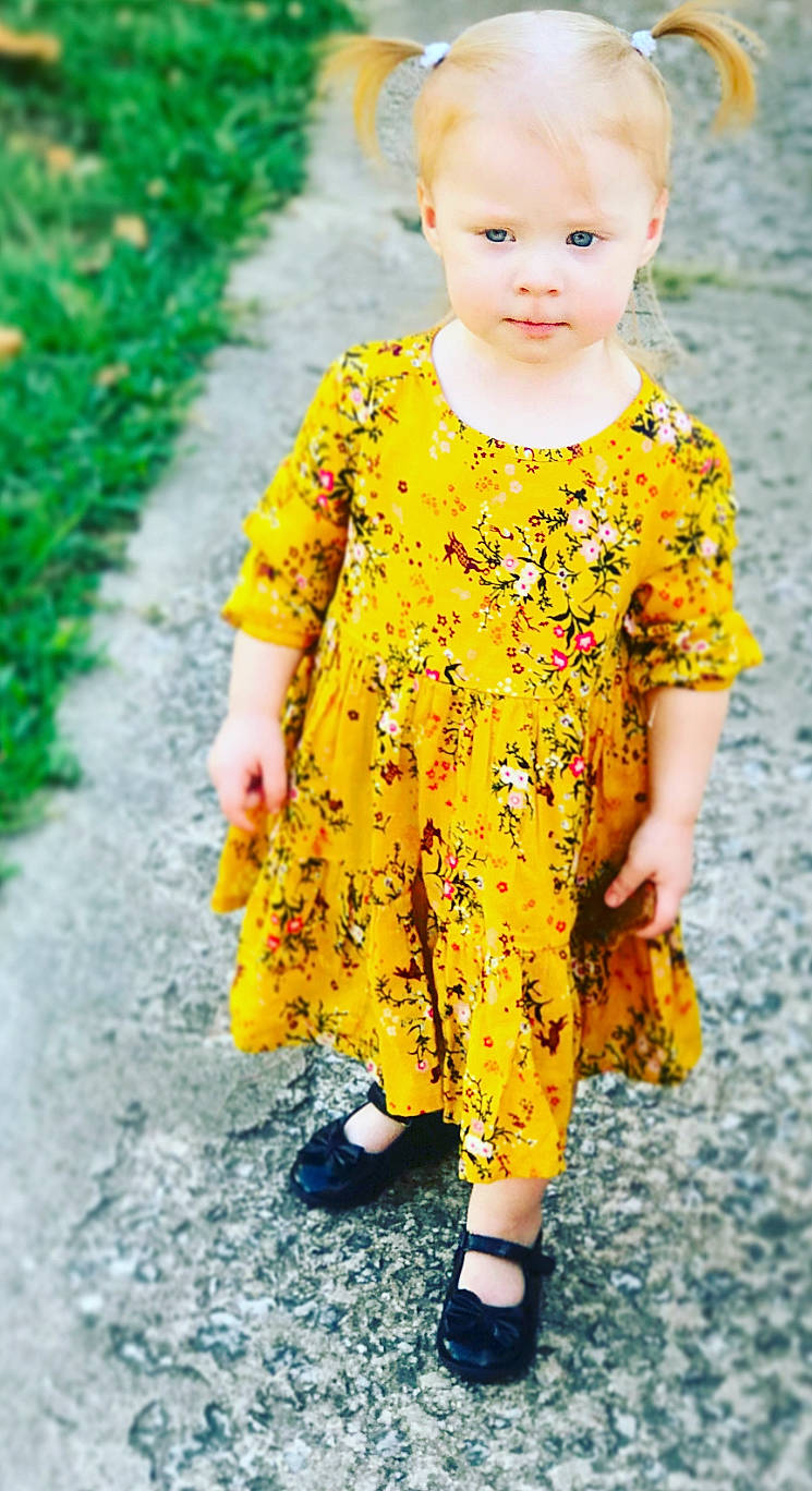 Harper joined the competition — help win amazing prizes! child, clothing, design, dress, flower, outerwear, pattern, person, plant, sleeve, spring, summer, toddler, yellow