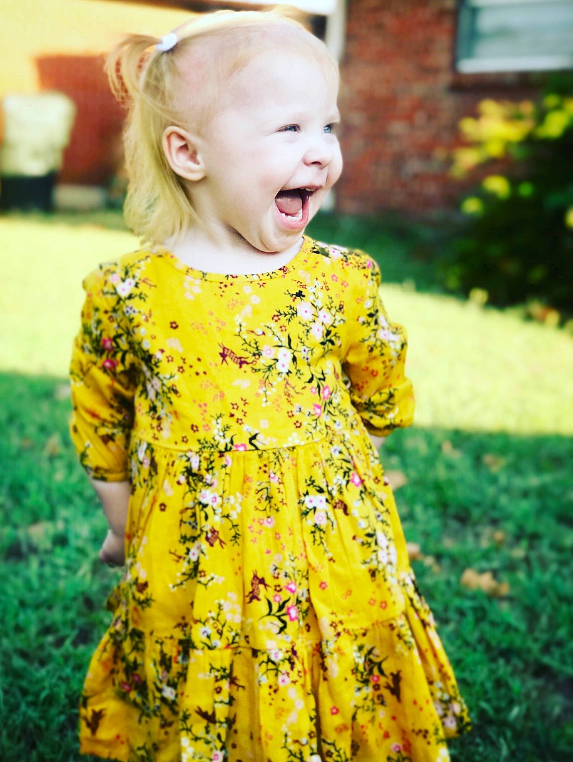 Harper joined the competition — help win amazing prizes! blond, child, child_model, clothing, design, dress, flower, grass, happy, outerwear, pattern, person, photograph, photography, plant, smile, spring, toddler, wildflower, yellow