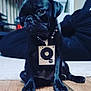 dog, pug, black_dog, puppy, pet, collar, pendant, floor, wooden_floor, indoor, person, furniture, home, animal, cute, sitting, looking_away, young_dog, domestic_animal, portrait