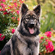 Vaïa participe au concours pour gagner de l'argent avec cette photo : dog, german_shepherd, animal, pet, outdoor, flower, pink_flower, garden, fur, tongue, ears, portrait, nature, canine, sitting, happy, closeup, summer, greenery, blurred_background