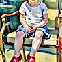 Jamison joined the competition — help win amazing prizes! child, red_hat, sunglasses, bench, red_shoes, shorts, white_shirt, outdoor, sunlight, shadow, portrait, casual_clothing, summer, seat, person, hat, legs, hands, face, painting_style