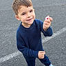 Maylonn participe au concours pour gagner de l'argent avec cette photo : child, boy, smiling, blue_sweater, sneakers, asphalt, outdoor, playful, hand, cap, street_marking, casual_clothing, young, happy, person, cute, walking, daylight, small_object, looking_up