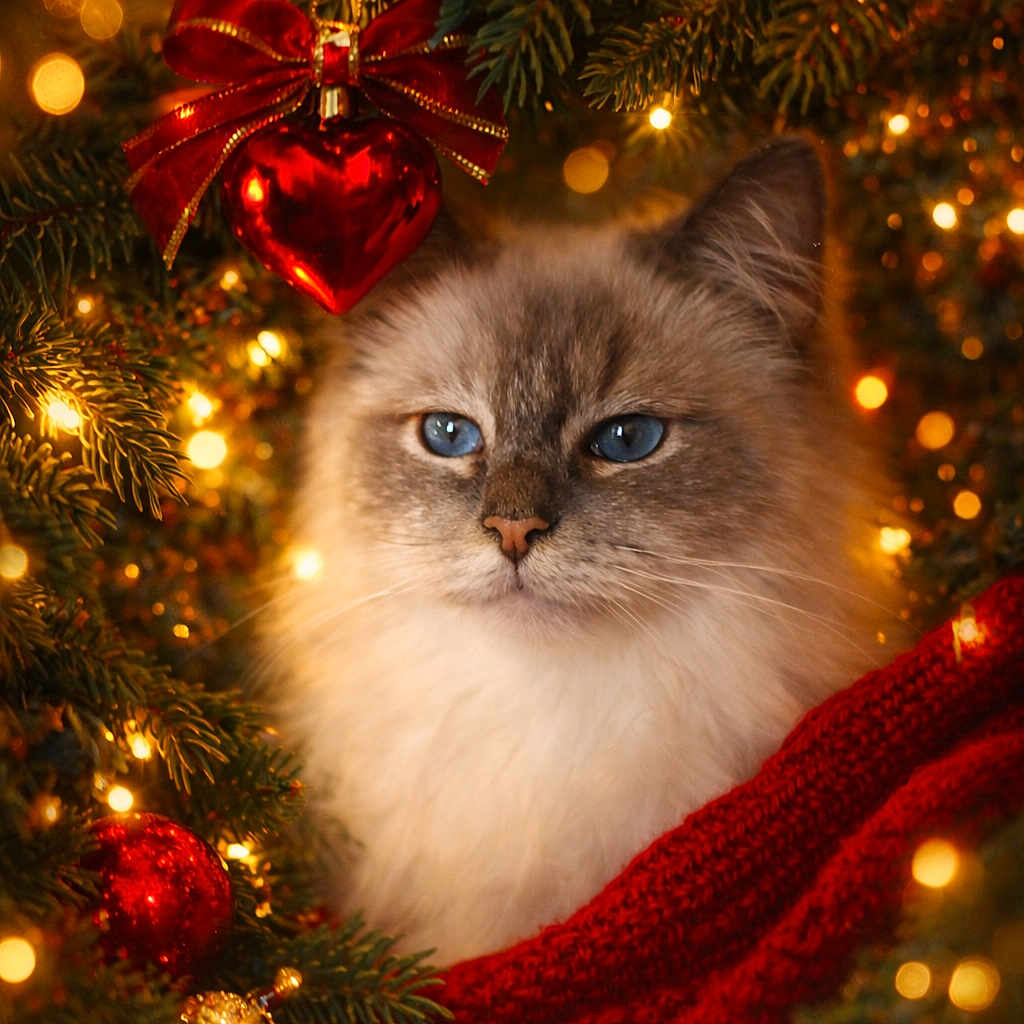 Wanky a rejoint le concours — aidez-le/la à gagner de superbes lots ! blue_eyes, cat, christmas_tree, close_up, cozy, decorations, festive, fluffy, gold_ornament, holiday, indoor, knitted_blanket, ornaments, pet, pine_branches, red_blanket, red_bow, red_heart_ornament, twinkling_lights, winter