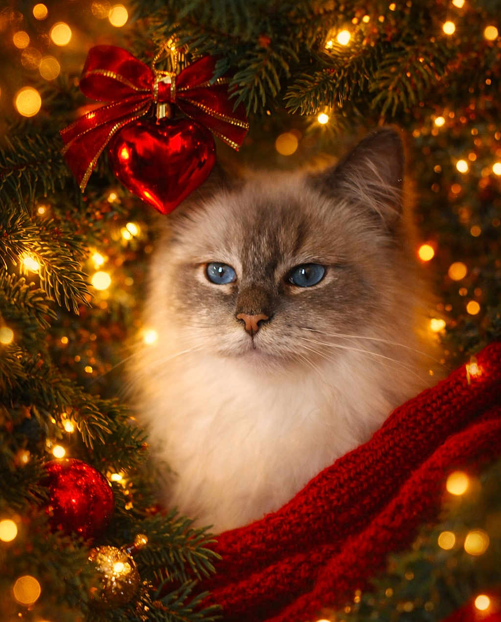 Wanky a rejoint le concours — aidez-le/la à gagner de superbes lots ! cat, blue_eyes, fluffy, christmas_tree, ornaments, red_bow, red_heart_ornament, gold_ornament, twinkling_lights, holiday, festive, cozy, knitted_blanket, red_blanket, pine_branches, close_up, pet, indoor, decorations, winter