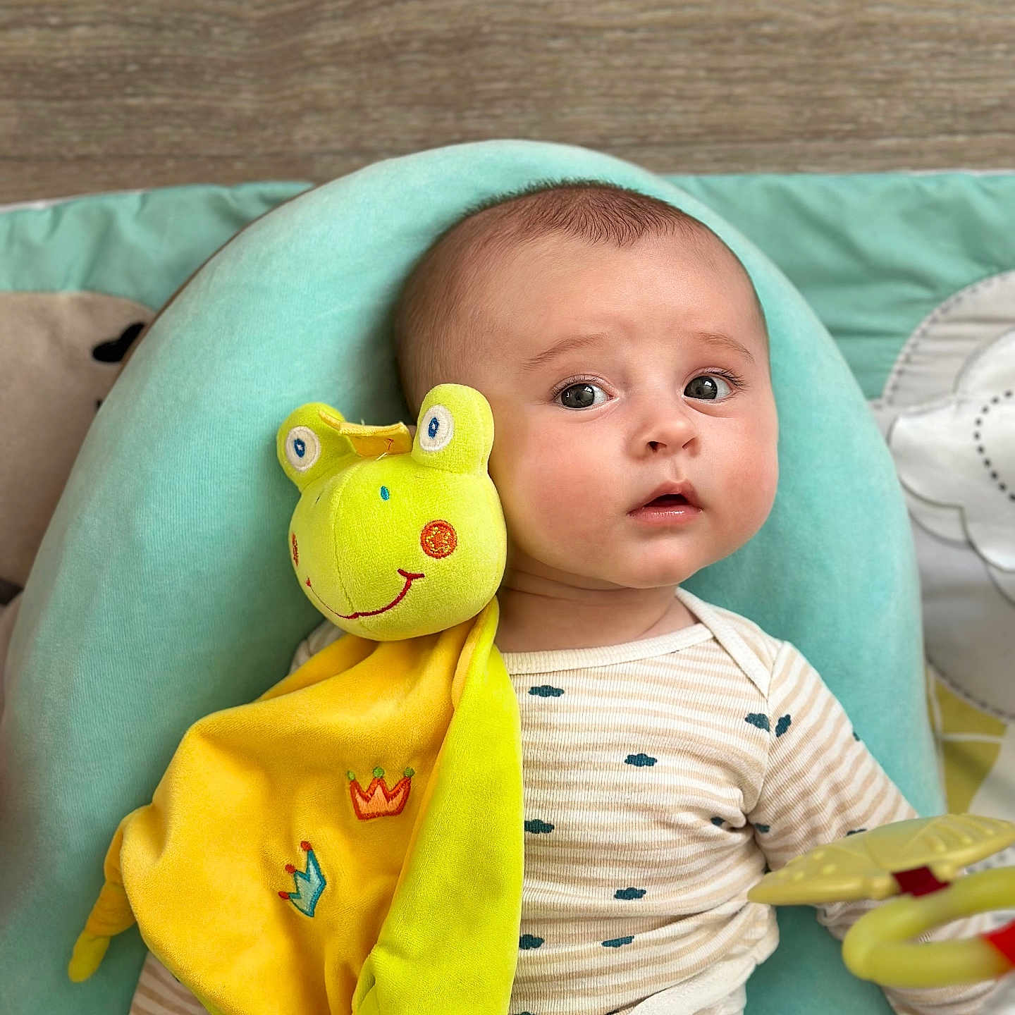 Hardin participe au concours pour gagner de l'argent avec cette photo : baby, child, colorful, comfort, curious, cushion, cute, expression, fabric, floor, frog, hand, indoor, infant, onesie, plush_toy, portrait, reclining, soft_toy, striped_clothing
