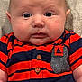baby, infant, face, chubby_cheeks, curious, red_shirt, striped_shirt, pocket, sailboat_emblem, short_sleeves, texture, closeup, portrait, cute, child, skin, eyes, expression, casual_clothing, indoors
