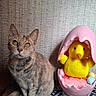 Indy participe au concours pour gagner de l'argent avec cette photo : cat, tabby_cat, yellow_plush, plush_toy, pink_eggshell, decor, indoor, pet, animal, feline, curious, sitting, texture, pattern, wall, table, soft_toy, cute, still_life, domestic_animal