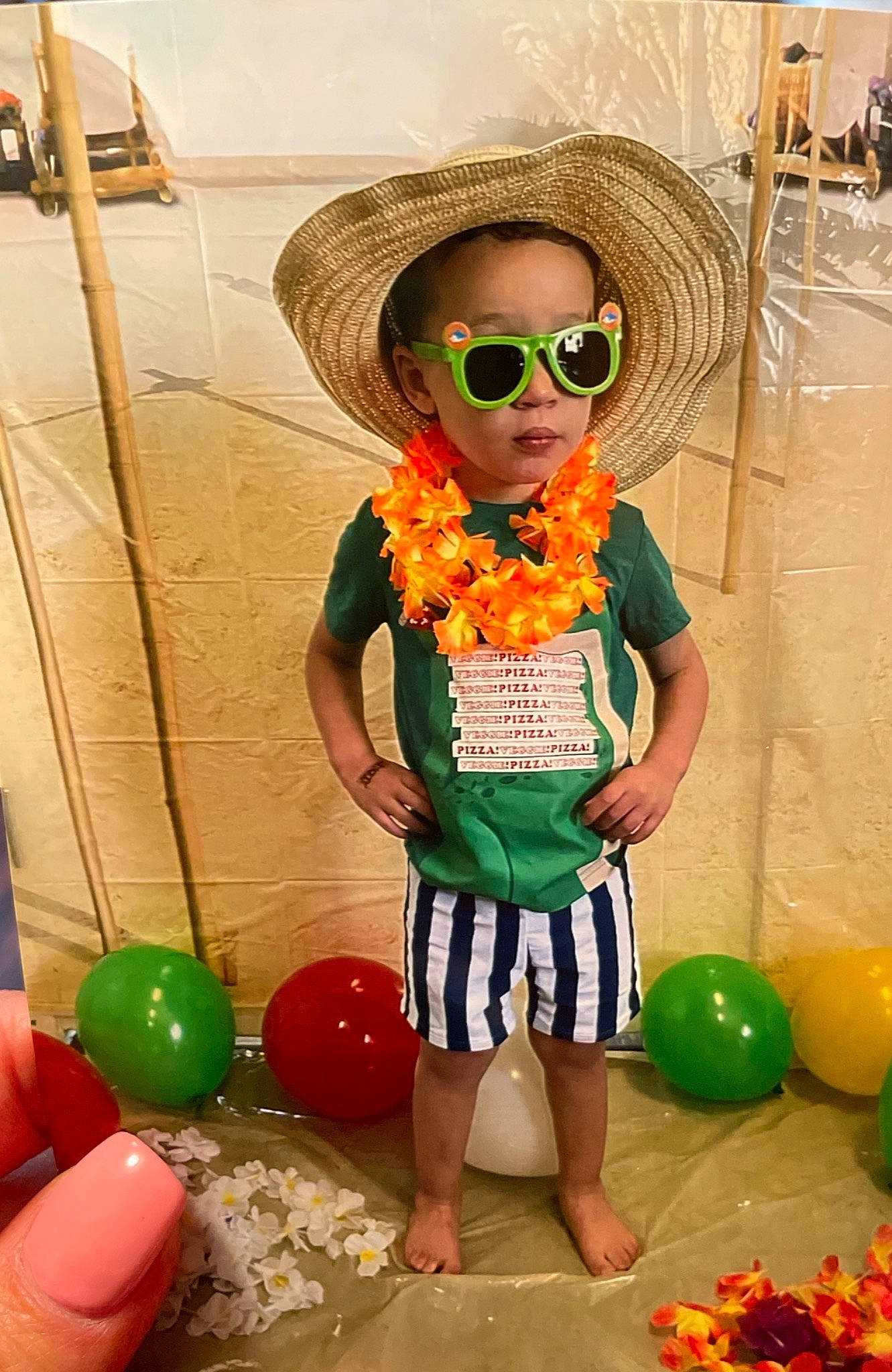 Jett joined the competition — help win amazing prizes! baby_toddler_clothing, balloon, child, eyewear, fun, glasses, goggles, green, happy, hat, orange, person, photograph, pink, plant, shorts, sunglasses, toddler, vision_care, white