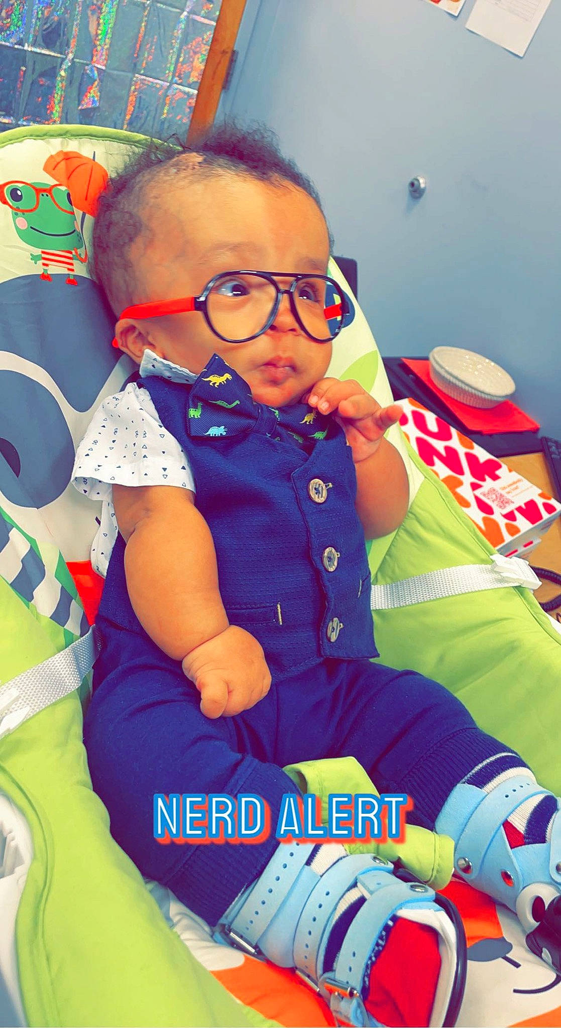 Winston joined the competition — help win amazing prizes! baby, baby_toddler_clothing, carmine, child, electric_blue, eyewear, fun, hairstyle, happy, lap, leisure, pattern, person, personal_protective_equipment, play, recreation, sitting, sleeve, textile, thigh