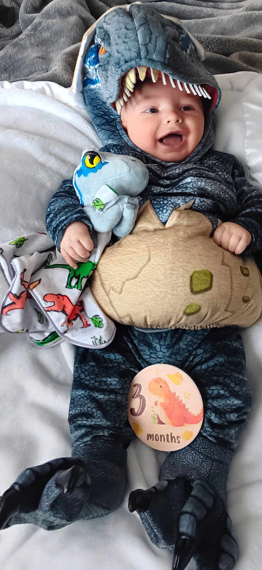 Ephraim is registered to the contest to win money with this photo: baby, dinosaur_costume, plush_toy, blanket, milestone_sticker, smiling, infant, clothing, cute, lying_down, soft_toy, hood, feet, hand, face, indoors, child, happy, cozy, fabric