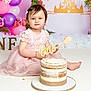 baby, child, girl, birthday, cake, pink_dress, wooden_spoon, balloons, flowers, decorations, first_birthday, smiling, portrait, celebration, indoors, fairy_tale, castle_backdrop, sitting, cute, festive
