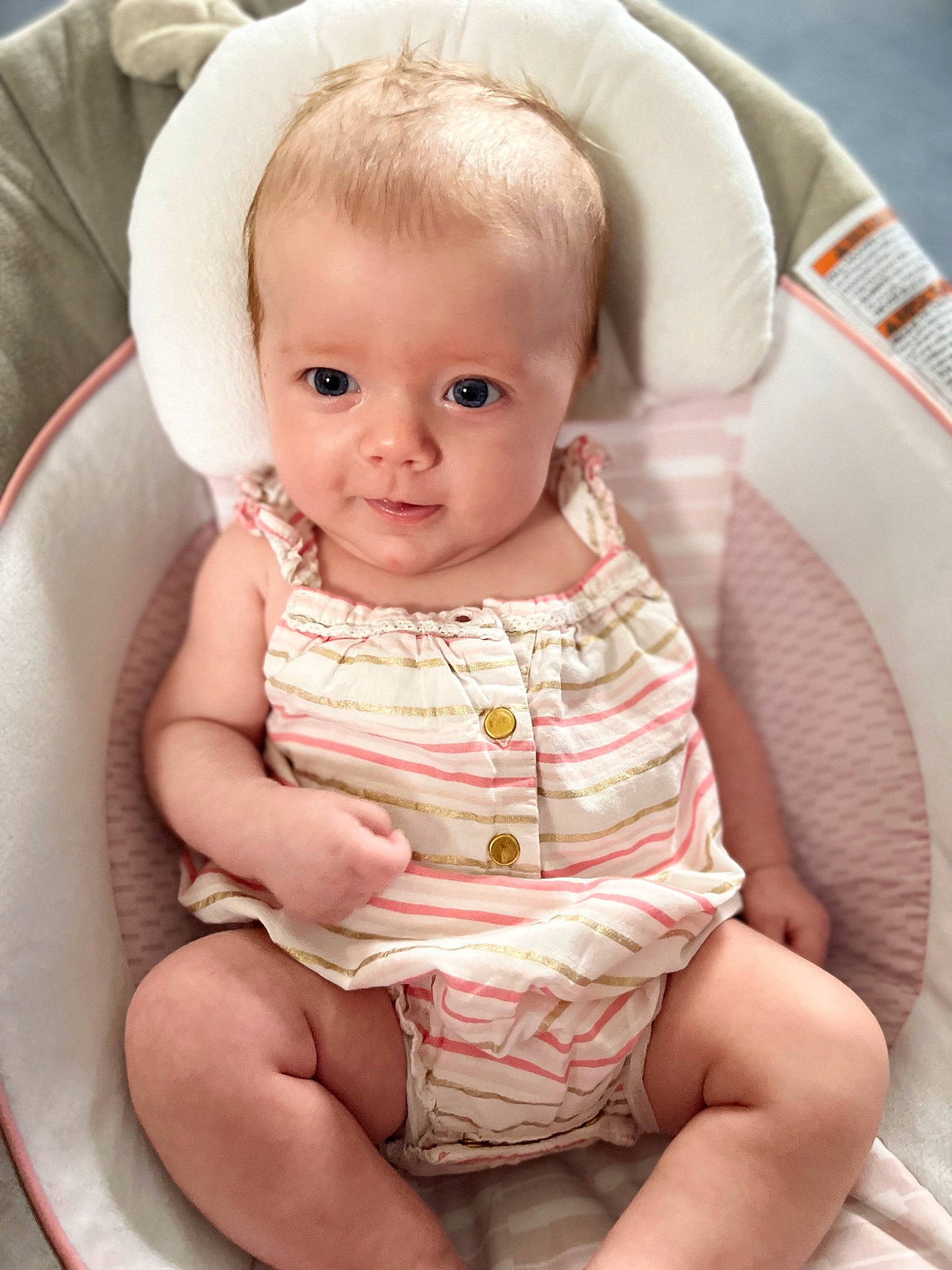 Mackenzie is registered to the contest to win money with this photo: baby, baby_toddler_clothing, cheek, chin, comfort, dress, eye, finger, head, iris, leg, lip, mouth, neck, person, pink, product, skin, sleeve, toddler