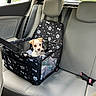 Bandit a rejoint le concours — aidez-le/la à gagner de superbes lots ! puppy, dog, pet_car_seat, car_interior, seatbelt, backseat, window, greenery, black_and_white, fabric, collar, leash, cute, small_dog, safe_travel, car_seat, animal, canine, transport, daylight