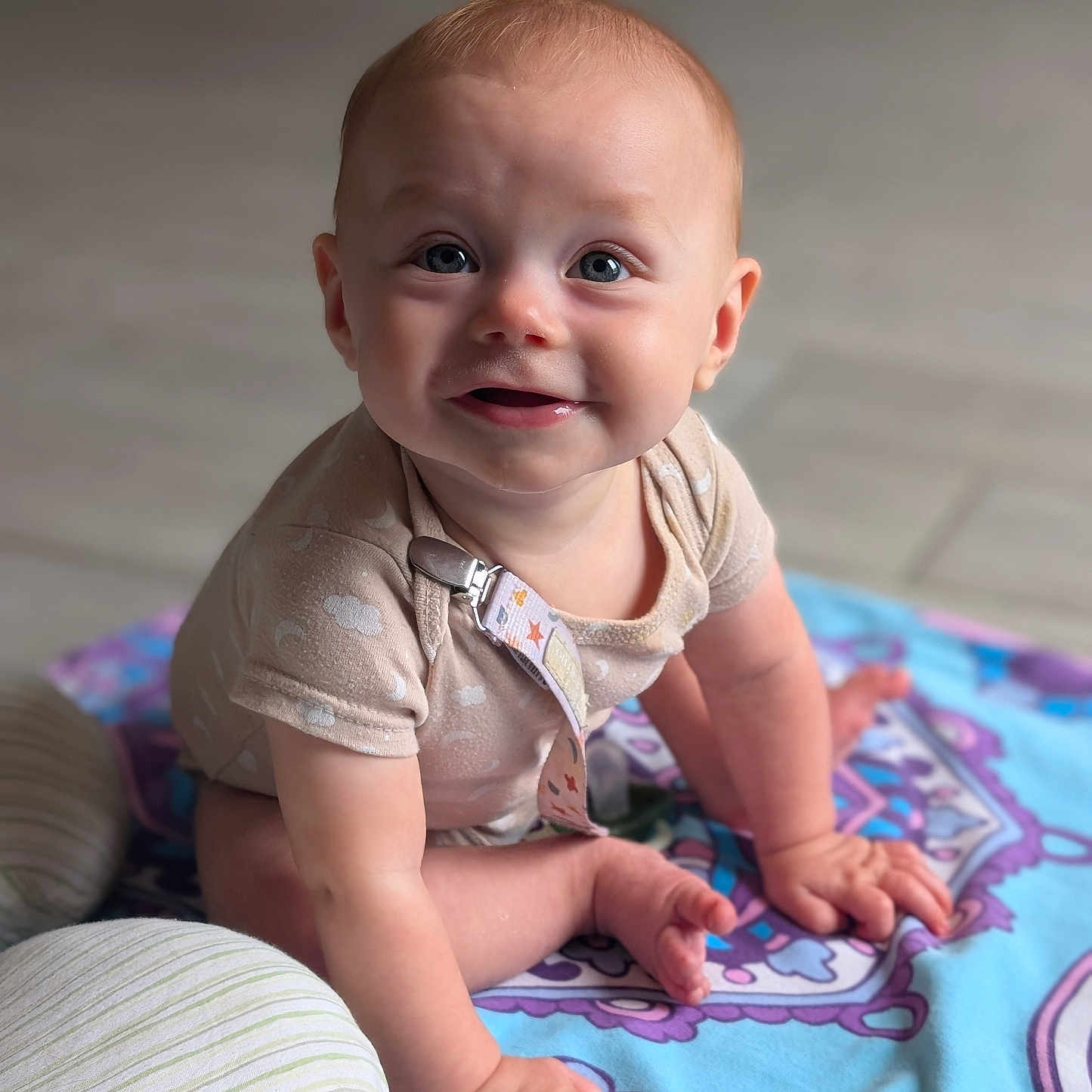 Cole joined the competition — help win amazing prizes! baby, child, infant, crawling, smiling, face, eyes, skin, clothing, blanket, pattern, colorful, floor, indoors, cute, happy, hands, feet, portrait, natural_light