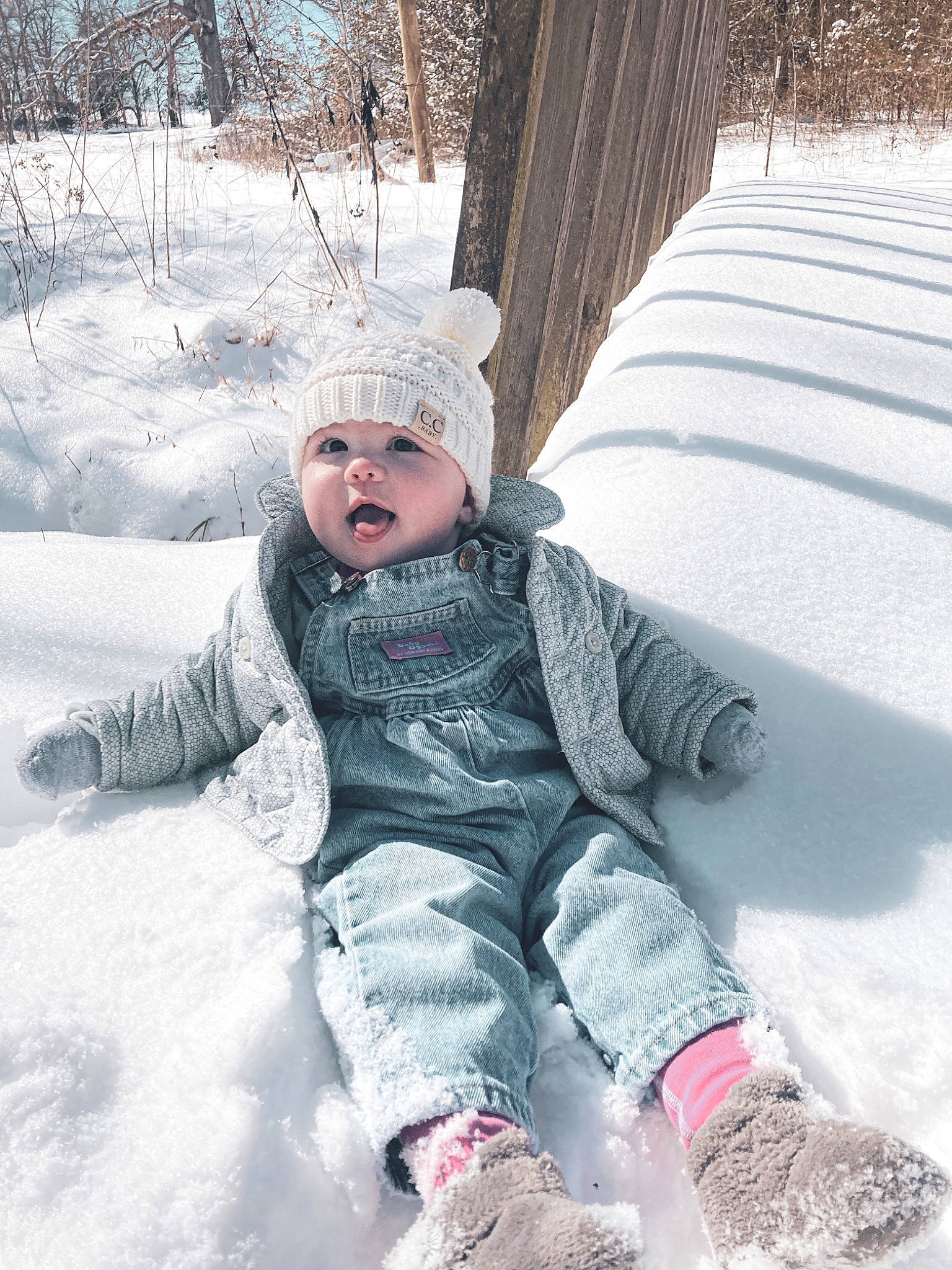 Mia Reece is registered to the contest to win money with this photo: eye, eyewear, freezing, fun, glove, grass, happy, headwear, human_body, jacket, knit_cap, leisure, person, photograph, playing_in_the_snow, recreation, sitting, snow, toddler, tree