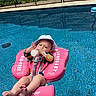 baby, pool, float, water, bottle, hat, swimwear, sunhat, child, summer, outdoor, blue, relaxation, infant, sitting, drink, safety, mosaic, daytime, vacation