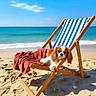 Ratatouille participe au concours pour gagner de l'argent avec cette photo : dog, cavalier_king_charles_spaniel, beach, sand, beach_chair, striped_chair, blanket, sunny, ocean, waves, blue_sky, relaxing, summer, vacation, pet, outdoor, canine, animal, resting, sunshine