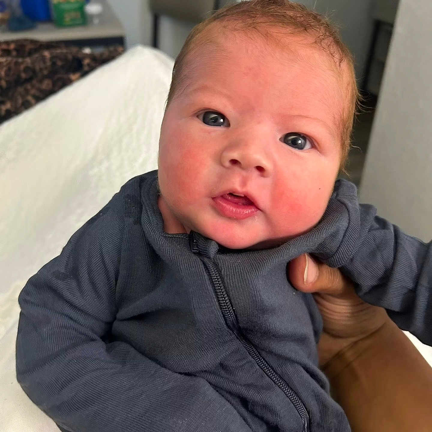 Tank joined the competition — help win amazing prizes! baby, infant, face, hand, clothing, gray_outfit, indoor, person, child, portrait, cute, rosy_cheeks, bright_eyes, holding, seated, human, young, expression, closeup, zipper