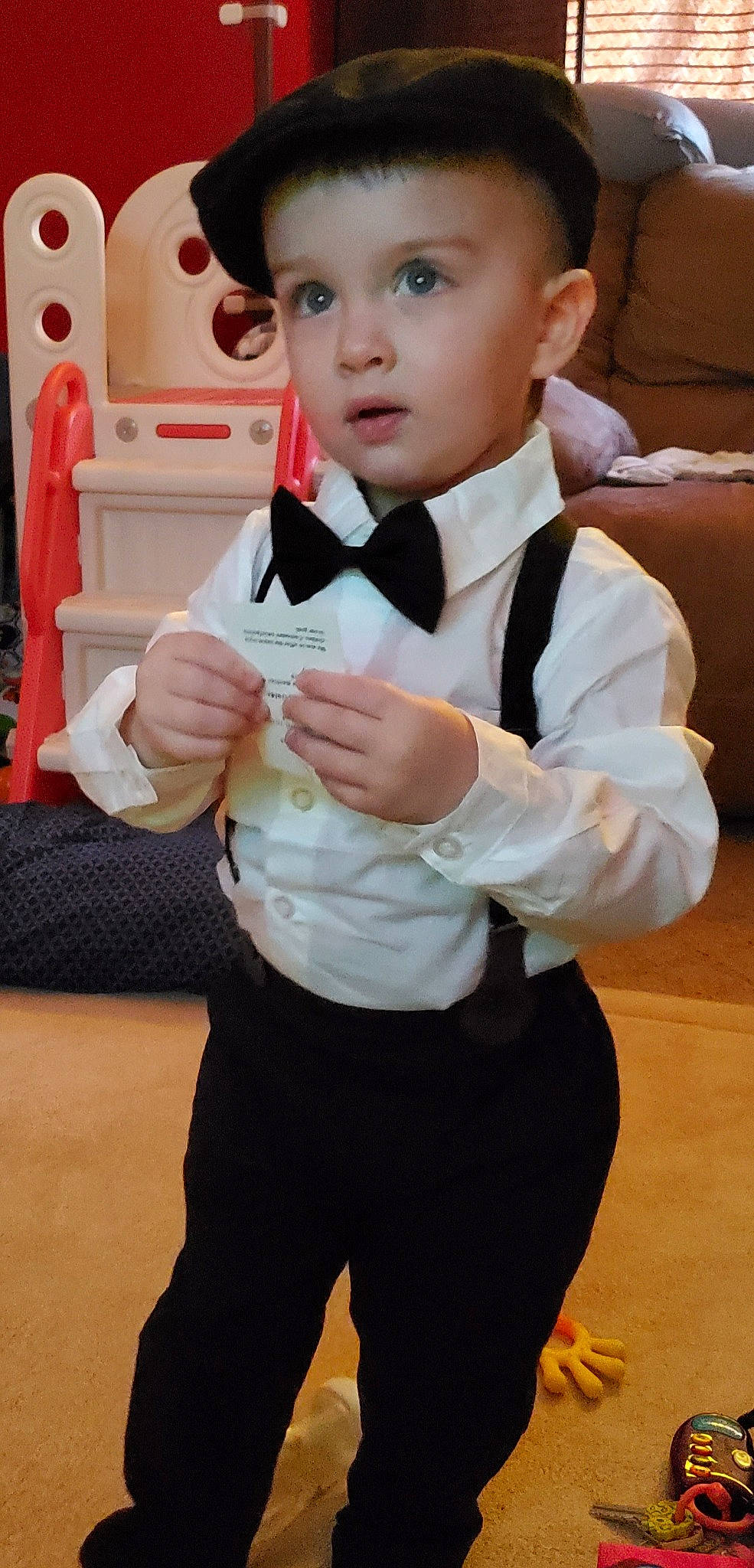 Nicholas joined the competition — help win amazing prizes! baby_toddler_clothing, bow_tie, ceremony, child, collar, costume, dress, dress_shirt, event, formal_wear, fun, gesture, happy, person, sleeve, suit, tie, toddler, tuxedo, uniform