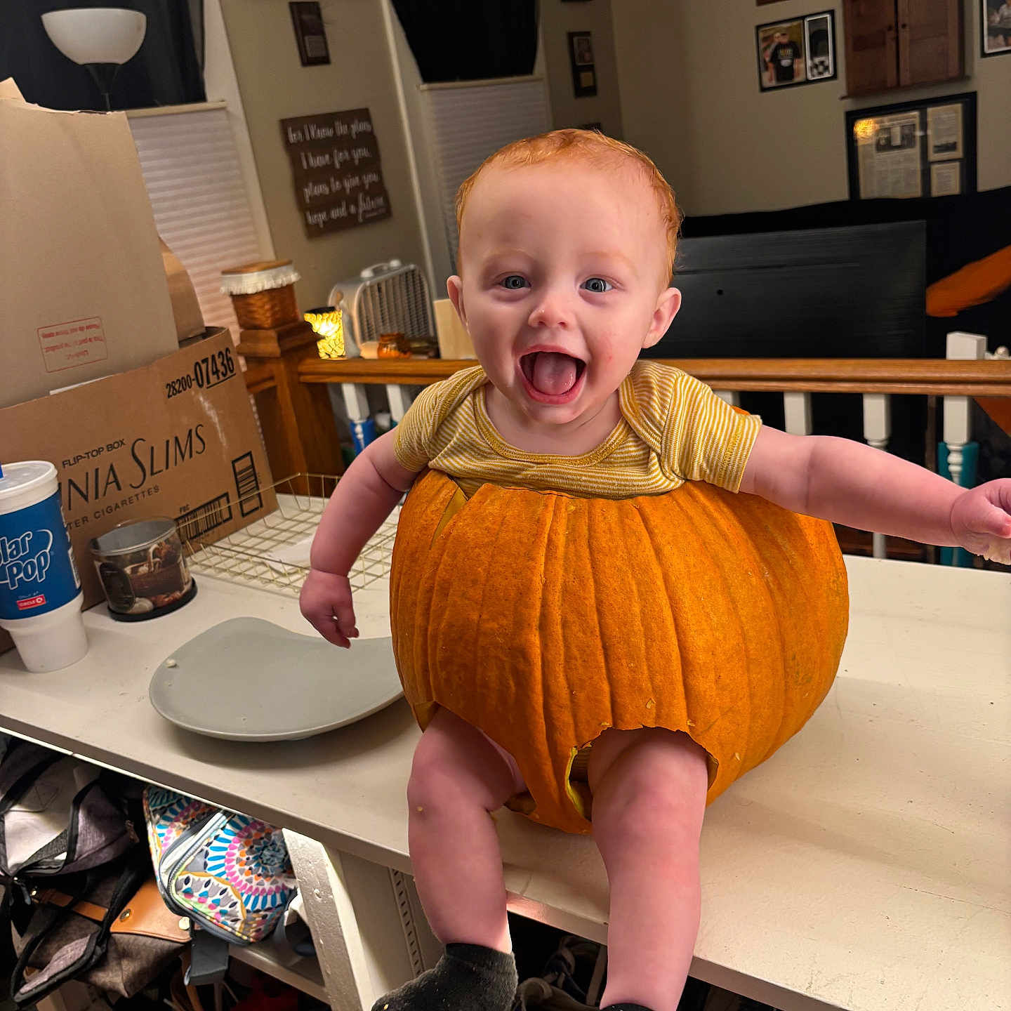 Howard is registered to the contest to win money with this photo: baby, child, pumpkin_costume, halloween, orange, smiling, laughing, sitting, indoor, kitchen, countertop, portrait, face, arms_outstretched, striped_shirt, black_socks, home, decorations, boxes, shoes