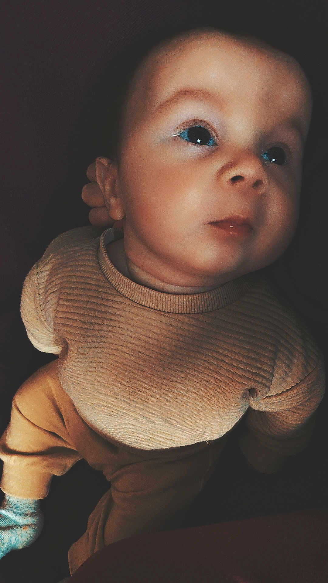 Tiyler a rejoint le concours — aidez-le/la à gagner de superbes lots ! baby, child, closeup, clothing, curious, cute, expression, face, indoor, infant, looking_up, pants, person, portrait, skin, sock, soft_lighting, sweater, warm_colors, young_child